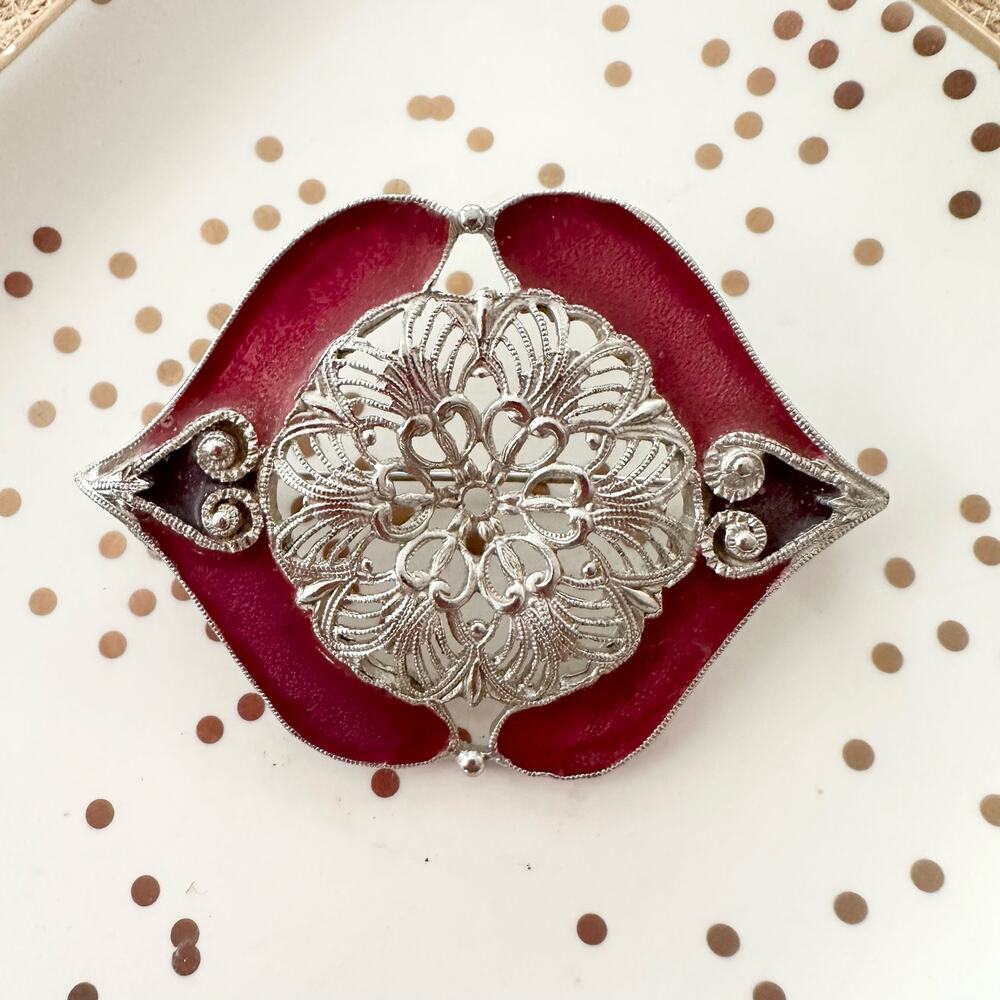 Elle Vintage Maroon Enamel Silver Tone Ornate Deco Floral Lips Style Brooch Pin - Picture 6 of 6